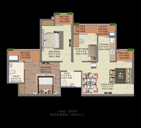 Floor plan of 2 BHK 1155 Sq. Ft. Apartment in Supertech Up Country, Greater Noida