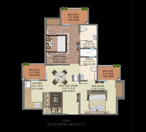 Floor plan of 2 BHK 900 Sq. Ft. Apartment in Supertech Up Country, Greater Noida