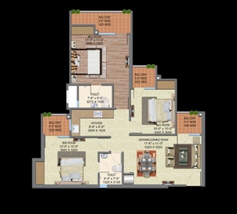 Floor plan of 3 BHK 1300 Sq. Ft. Apartment in Supertech Up Country, Greater Noida