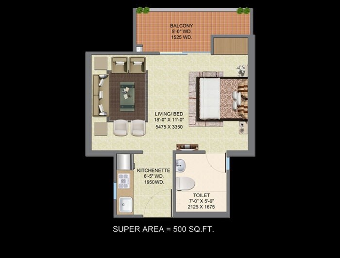 Floor plan of 500 Sq. Ft. Studio in Supertech Up Country, Greater Noida