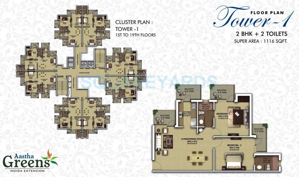Floor plan of 2 BHK 1116 Sq. Ft. Apartment in Surya Aastha Greens, Greater Noida