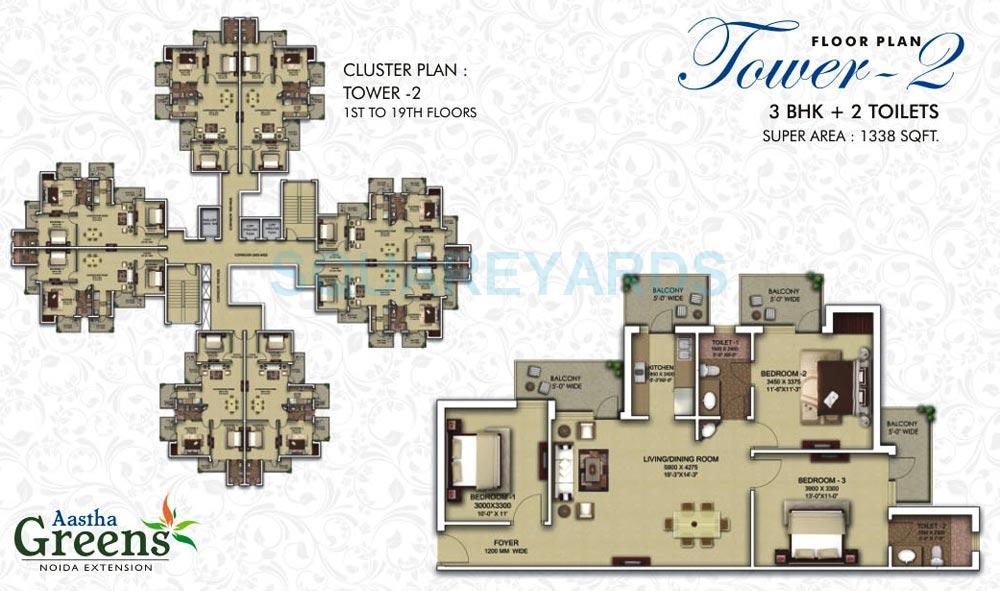 Floor plan of 3 BHK 1338 Sq. Ft. Apartment in Surya Aastha Greens, Greater Noida