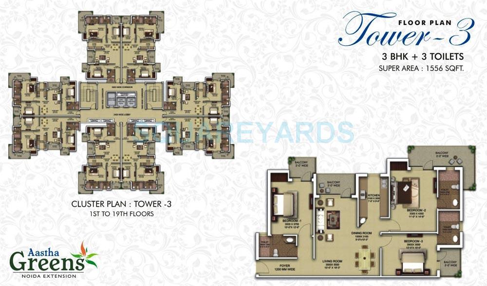 Floor plan of 3 BHK 1556 Sq. Ft. Apartment in Surya Aastha Greens, Greater Noida