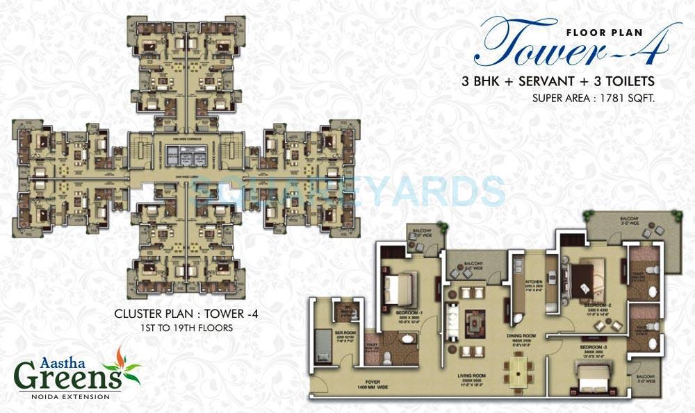 Floor plan of 3 BHK 1781 Sq. Ft. Apartment in Surya Aastha Greens, Greater Noida
