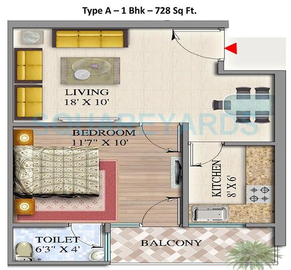Floor plan of 1 BHK 728 Sq. Ft. Apartment in Suvidha Homes, Greater Noida