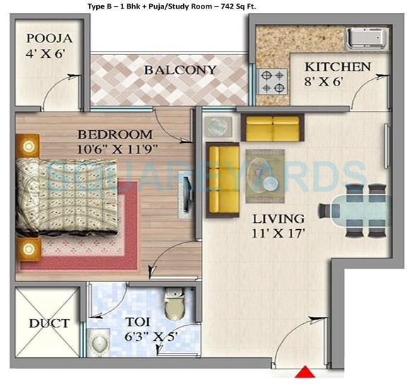 Floor plan of 1 BHK 742 Sq. Ft. Apartment in Suvidha Homes, Greater Noida