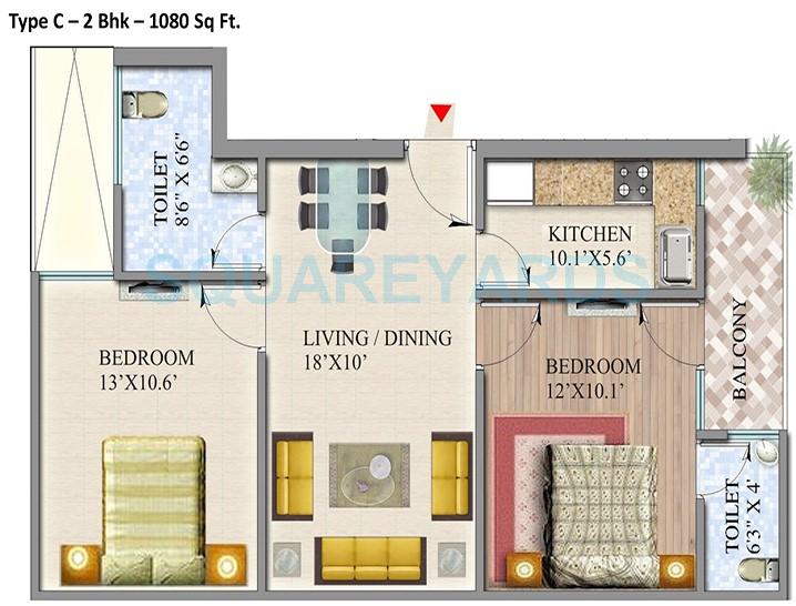 Floor plan of 2 BHK 1080 Sq. Ft. Apartment in Suvidha Homes, Greater Noida