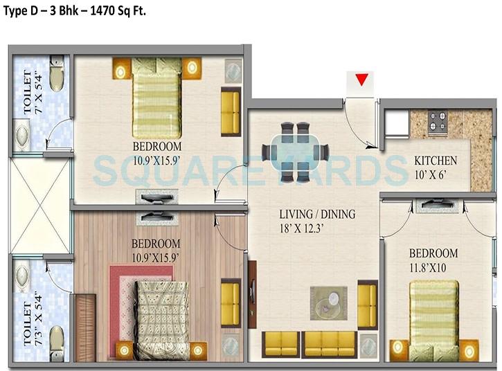 Floor plan of 3 BHK 1470 Sq. Ft. Apartment in Suvidha Homes, Greater Noida