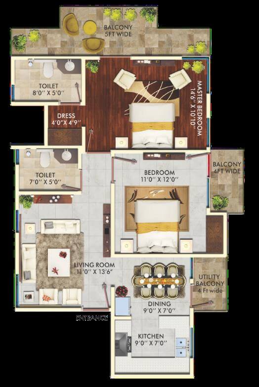 Floor plan of 2 BHK 1198 Sq. Ft. Apartment in The Hemisphere, Greater Noida