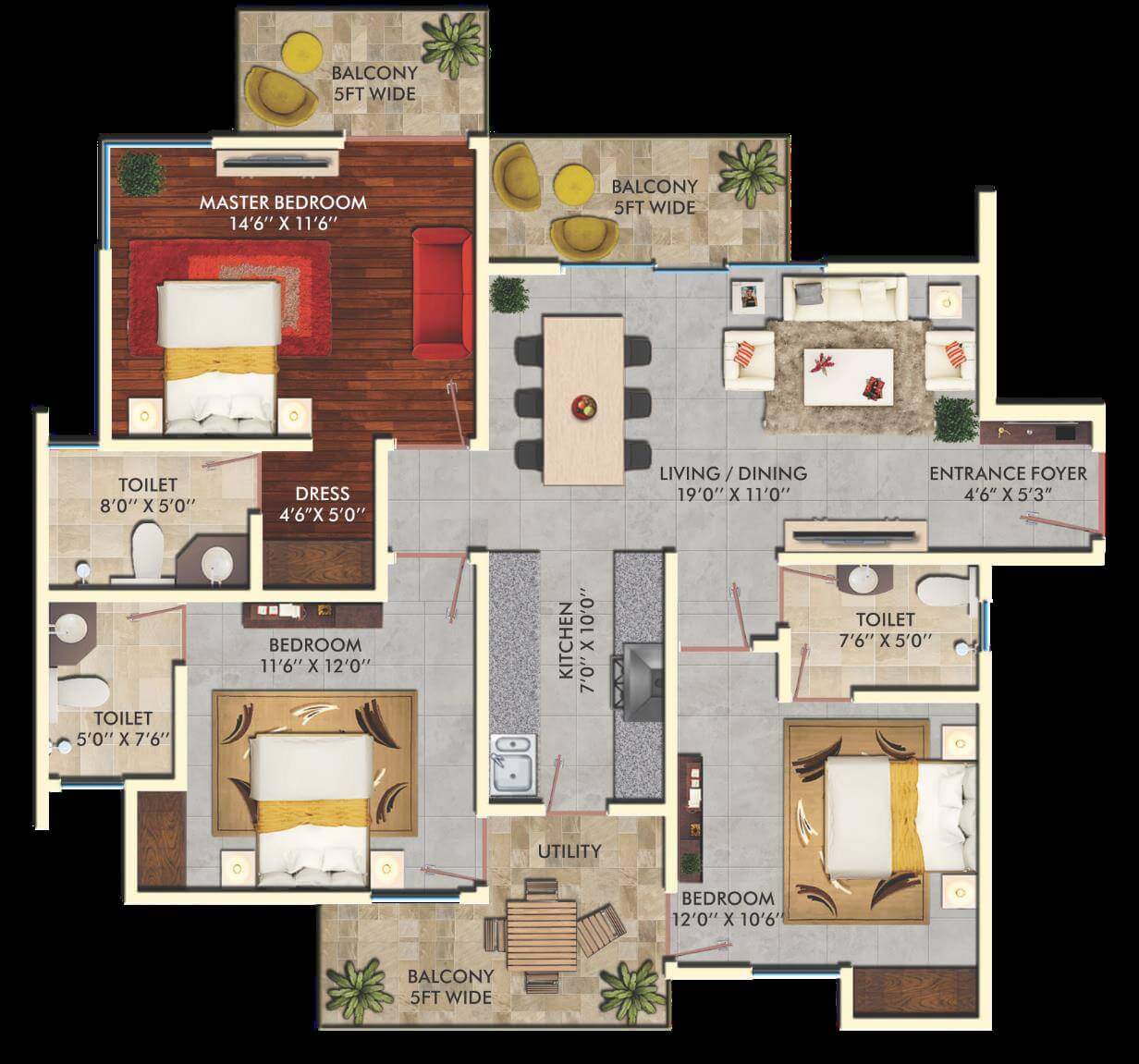 Floor plan of 3 BHK 1590 Sq. Ft. Apartment in The Hemisphere, Greater Noida