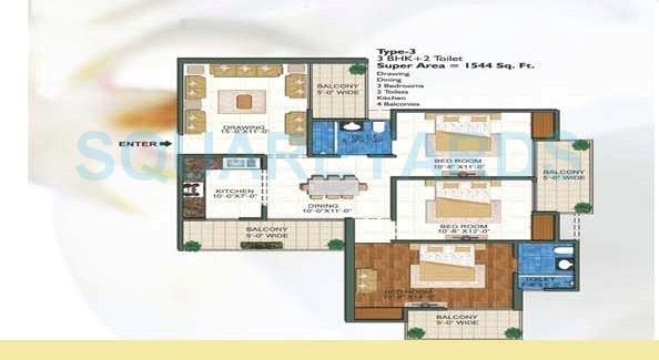Floor plan of 3 BHK 1544 Sq. Ft. Apartment in Town Park White Orchid, Greater Noida
