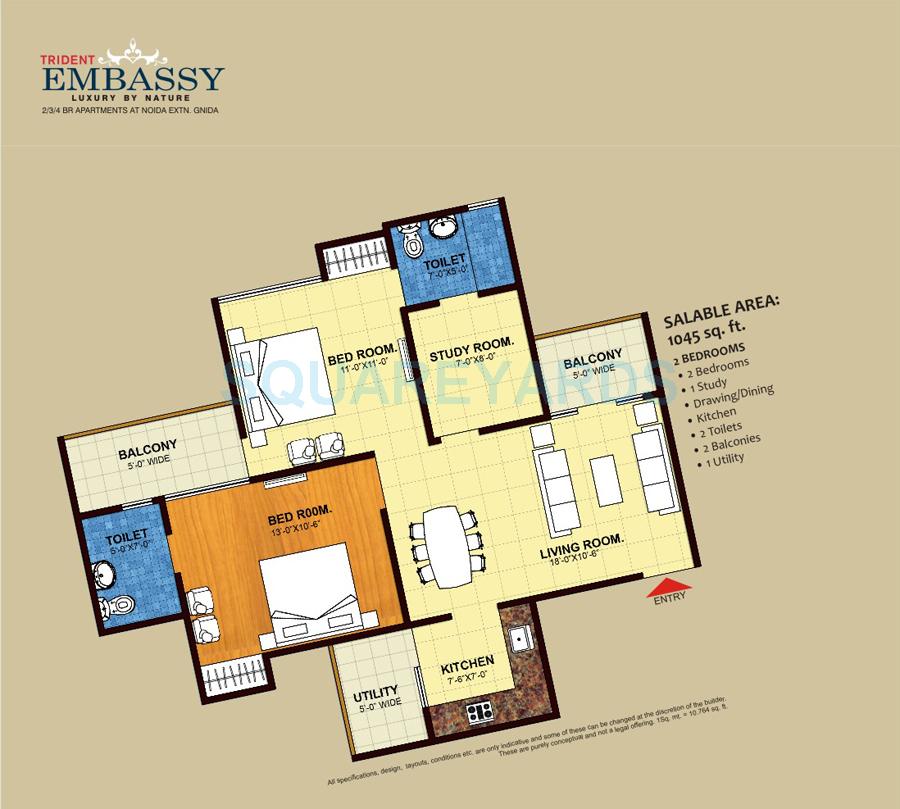 Floor plan of 2 BHK 1045 Sq. Ft. Apartment in Trident Embassy, Greater Noida