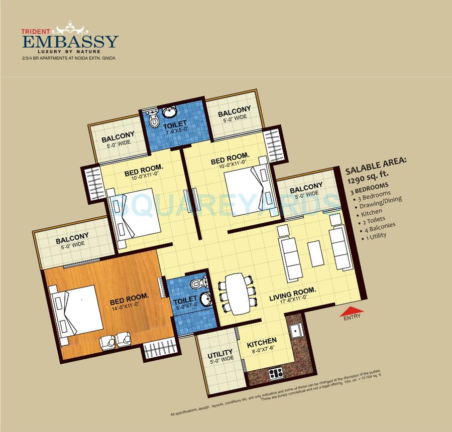 Floor plan of 3 BHK 1290 Sq. Ft. Apartment in Trident Embassy, Greater Noida