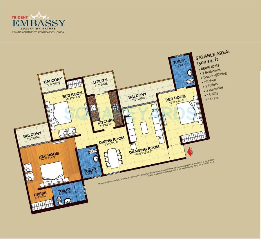 Floor plan of 3 BHK 1500 Sq. Ft. Apartment in Trident Embassy, Greater Noida