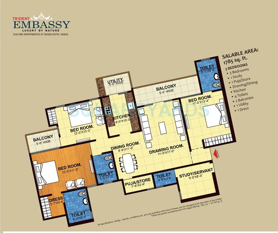 Floor plan of 3 BHK 1785 Sq. Ft. Apartment in Trident Embassy, Greater Noida