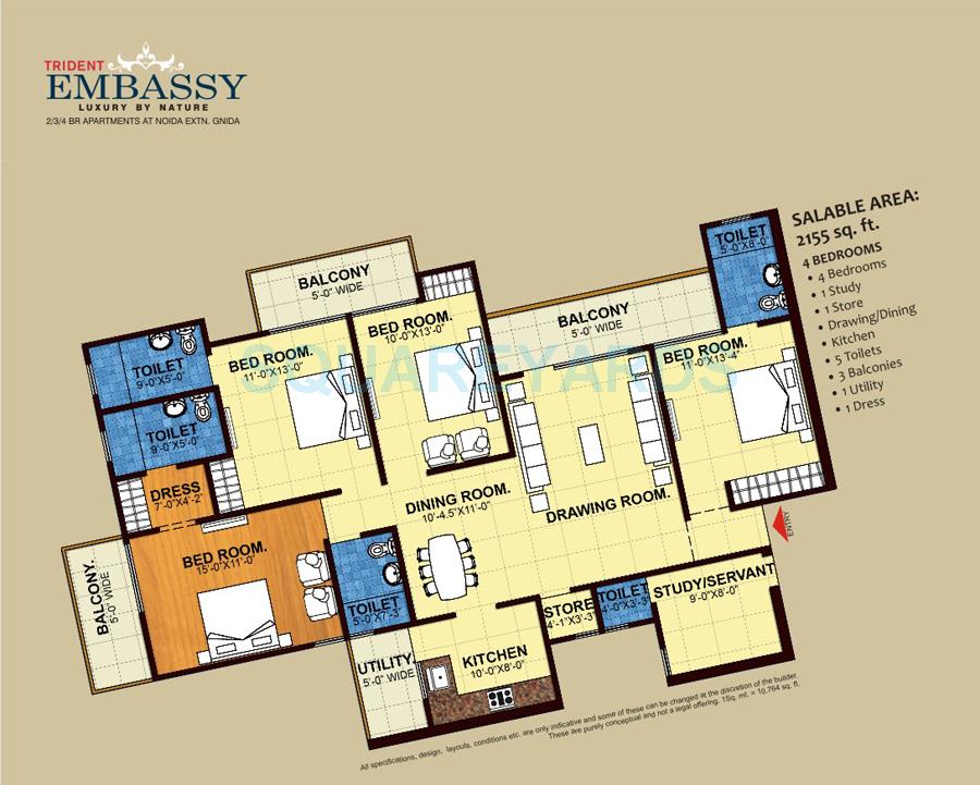 Floor plan of 4 BHK 2155 Sq. Ft. Apartment in Trident Embassy, Greater Noida
