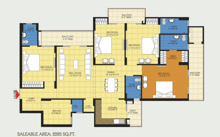 Floor plan of 4 BHK 2285 Sq. Ft. Apartment in Trident Embassy, Greater Noida