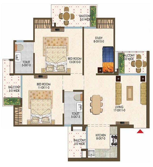 Floor plan of 2 BHK 1272 Sq. Ft. Apartment in Trident Embassy Reso, Greater Noida