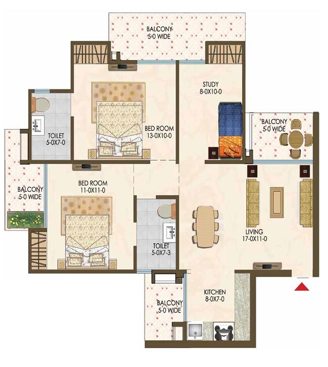 Floor plan of 2 BHK 1287 Sq. Ft. Apartment in Trident Embassy Reso, Greater Noida