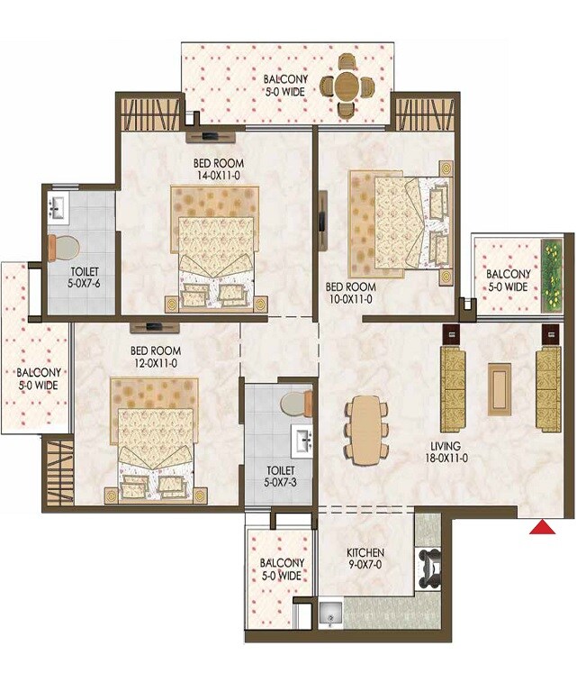 Floor plan of 3 BHK 1375 Sq. Ft. Apartment in Trident Embassy Reso, Greater Noida