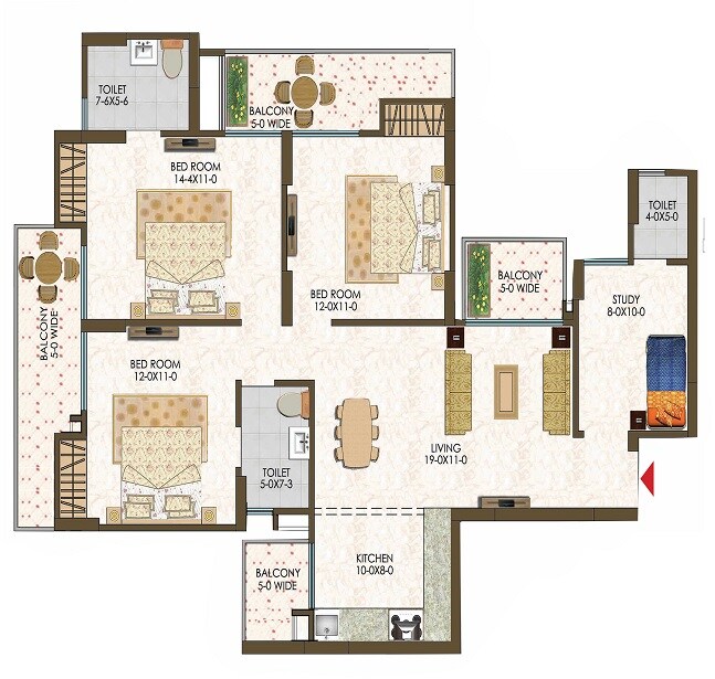 Floor plan of 3 BHK 1655 Sq. Ft. Apartment in Trident Embassy Reso, Greater Noida