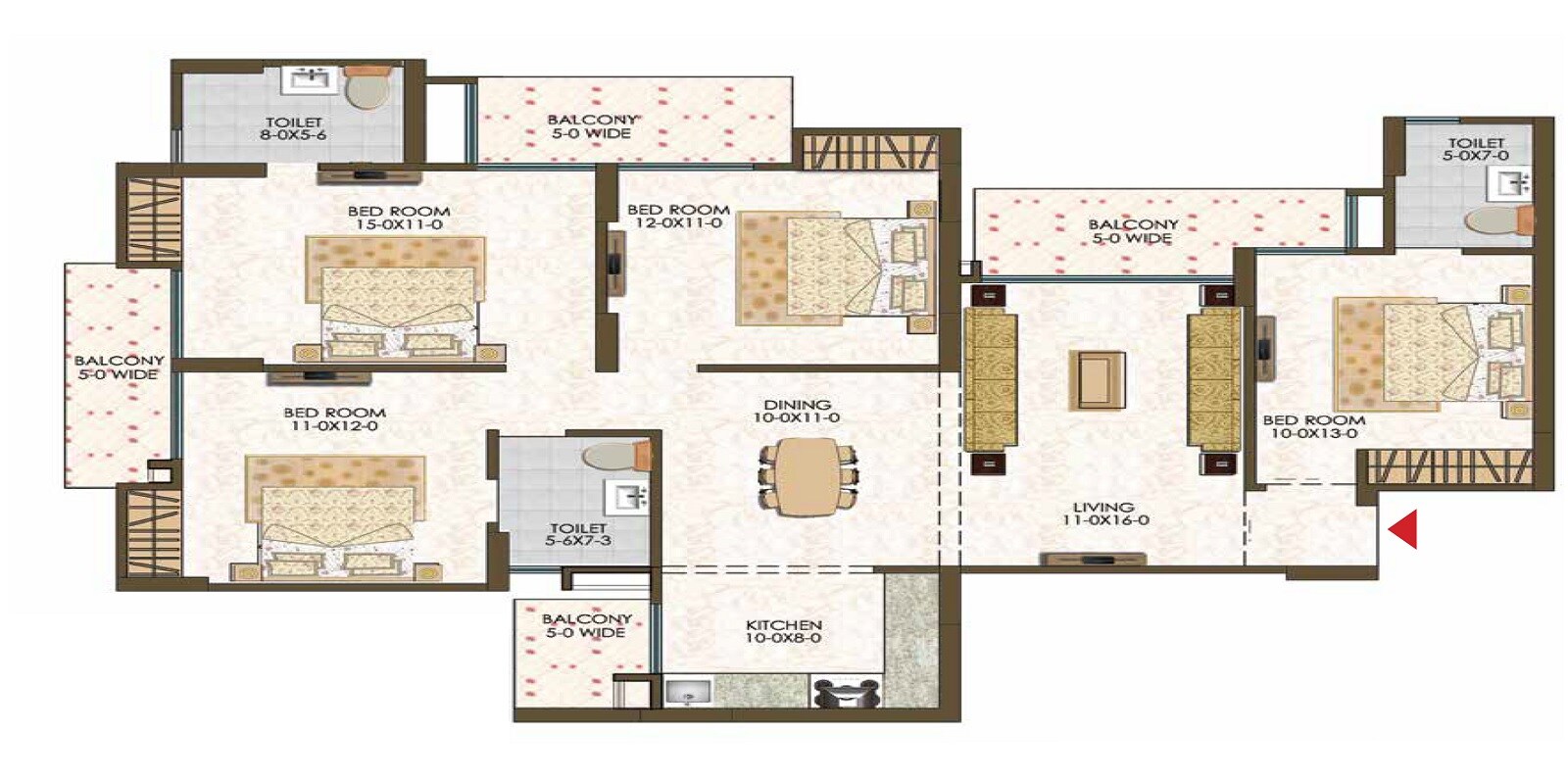 Floor plan of 4 BHK 1892 Sq. Ft. Apartment in Trident Embassy Reso, Greater Noida
