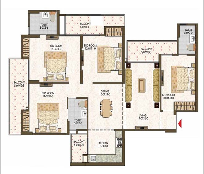 Floor plan of 4 BHK 1922 Sq. Ft. Apartment in Trident Embassy Reso, Greater Noida