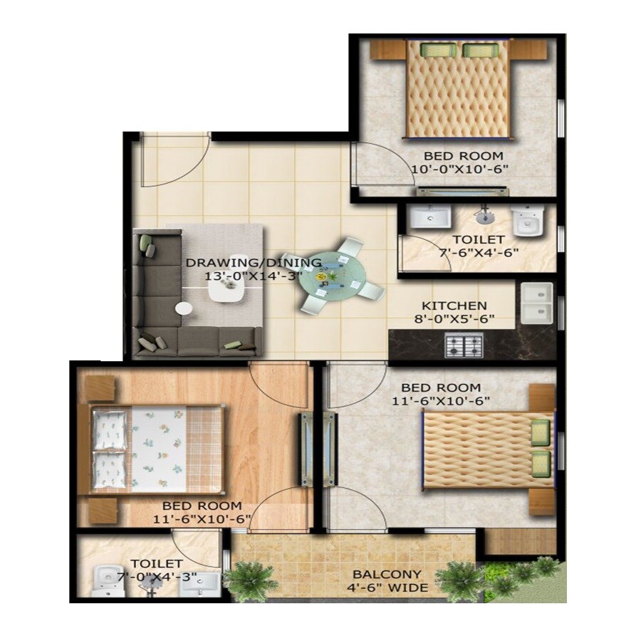 Floor plan of 3 BHK 1390 Sq. Ft. Apartment in Trinity Grand, Greater Noida