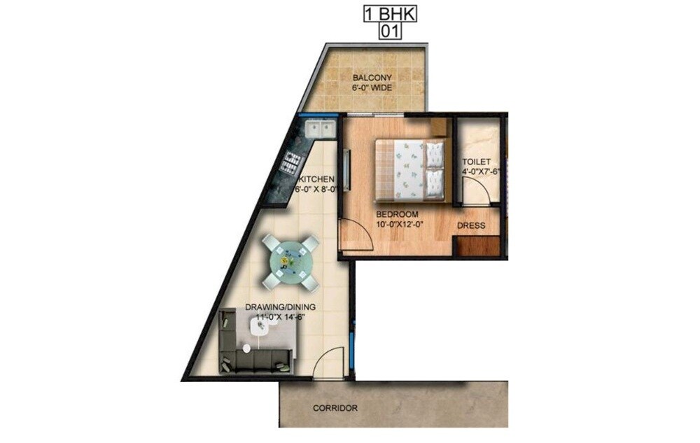 Floor plan of 1 BHK 670 Sq. Ft. Apartment in Trinity High Street, Greater Noida