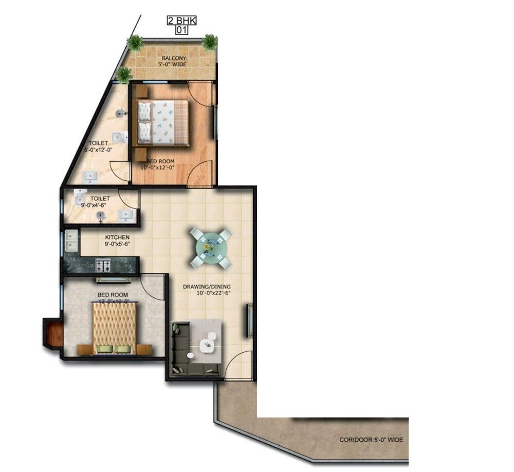 Floor plan of 2 BHK 1020 Sq. Ft. Apartment in Trinity High Street, Greater Noida