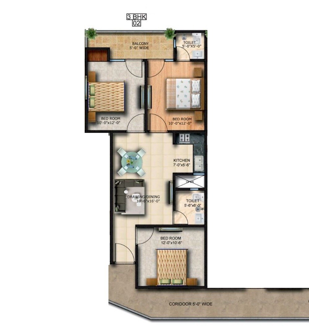 Floor plan of 3 BHK 1370 Sq. Ft. Apartment in Trinity High Street, Greater Noida