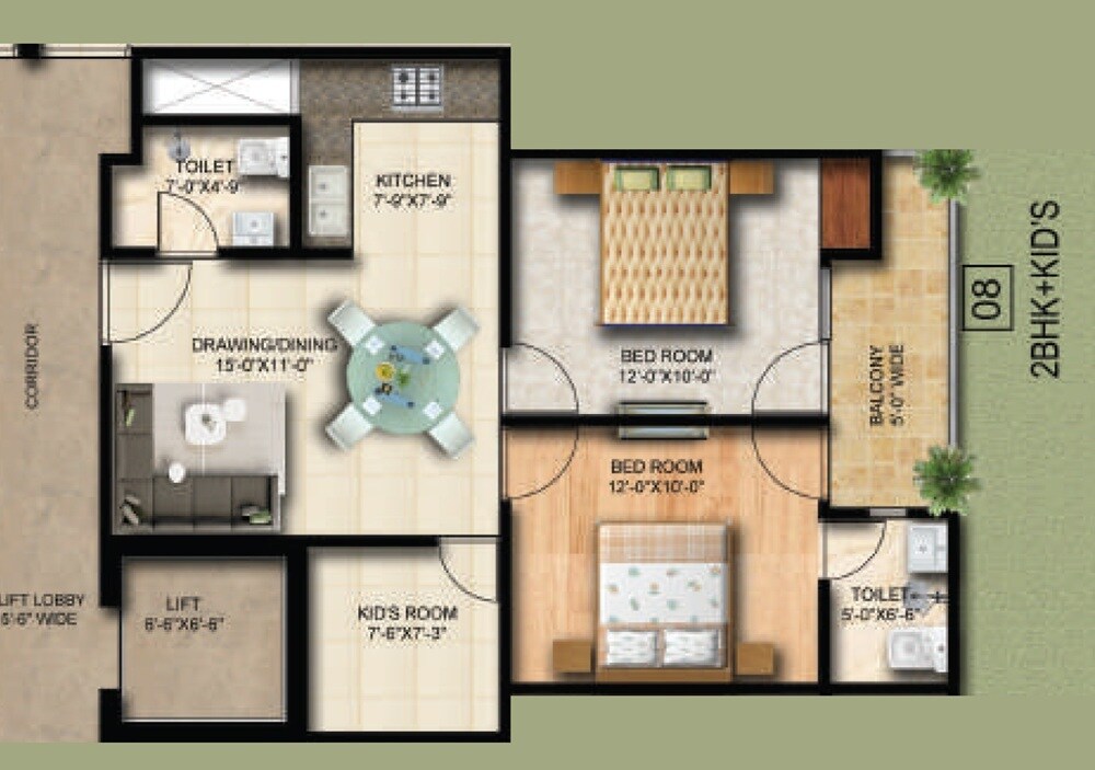 Floor plan of 2 BHK 1090 Sq. Ft. Apartment in Trinity Trio, Greater Noida