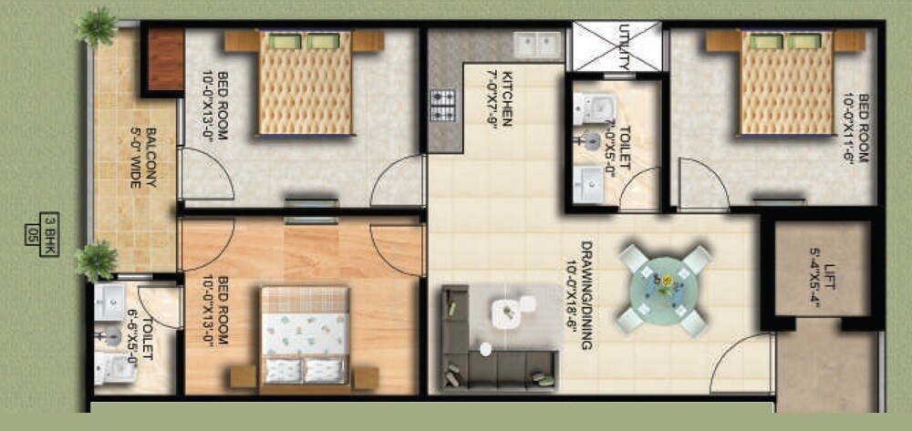Floor plan of 3 BHK 1390 Sq. Ft. Apartment in Trinity Trio, Greater Noida