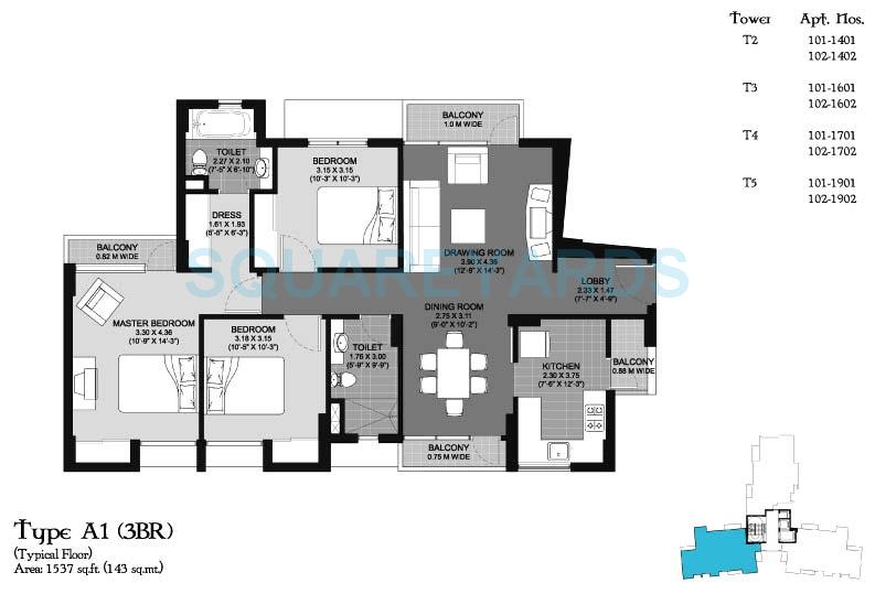 Floor plan of 3 BHK 1537 Sq. Ft. Apartment in Unitech Cascades, Greater Noida