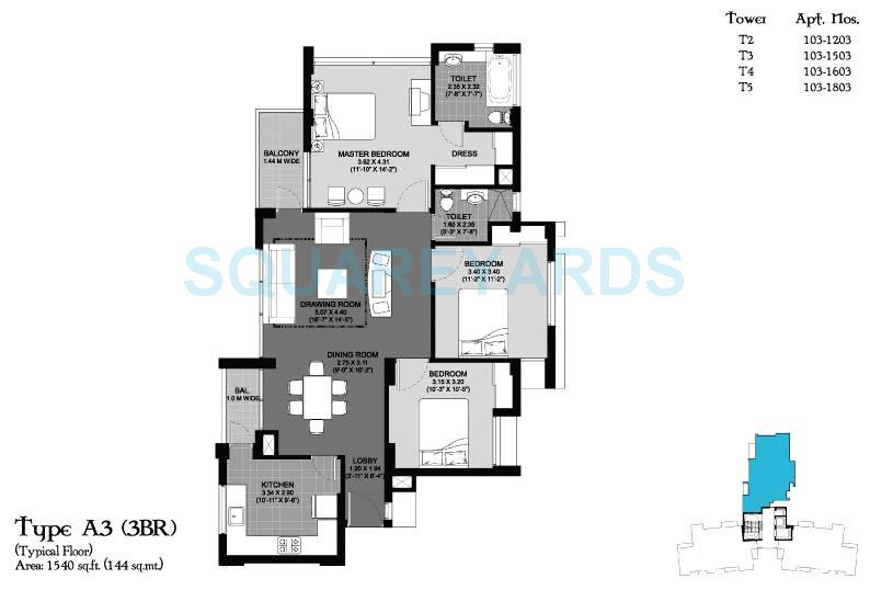 Floor plan of 3 BHK 1540 Sq. Ft. Apartment in Unitech Cascades, Greater Noida