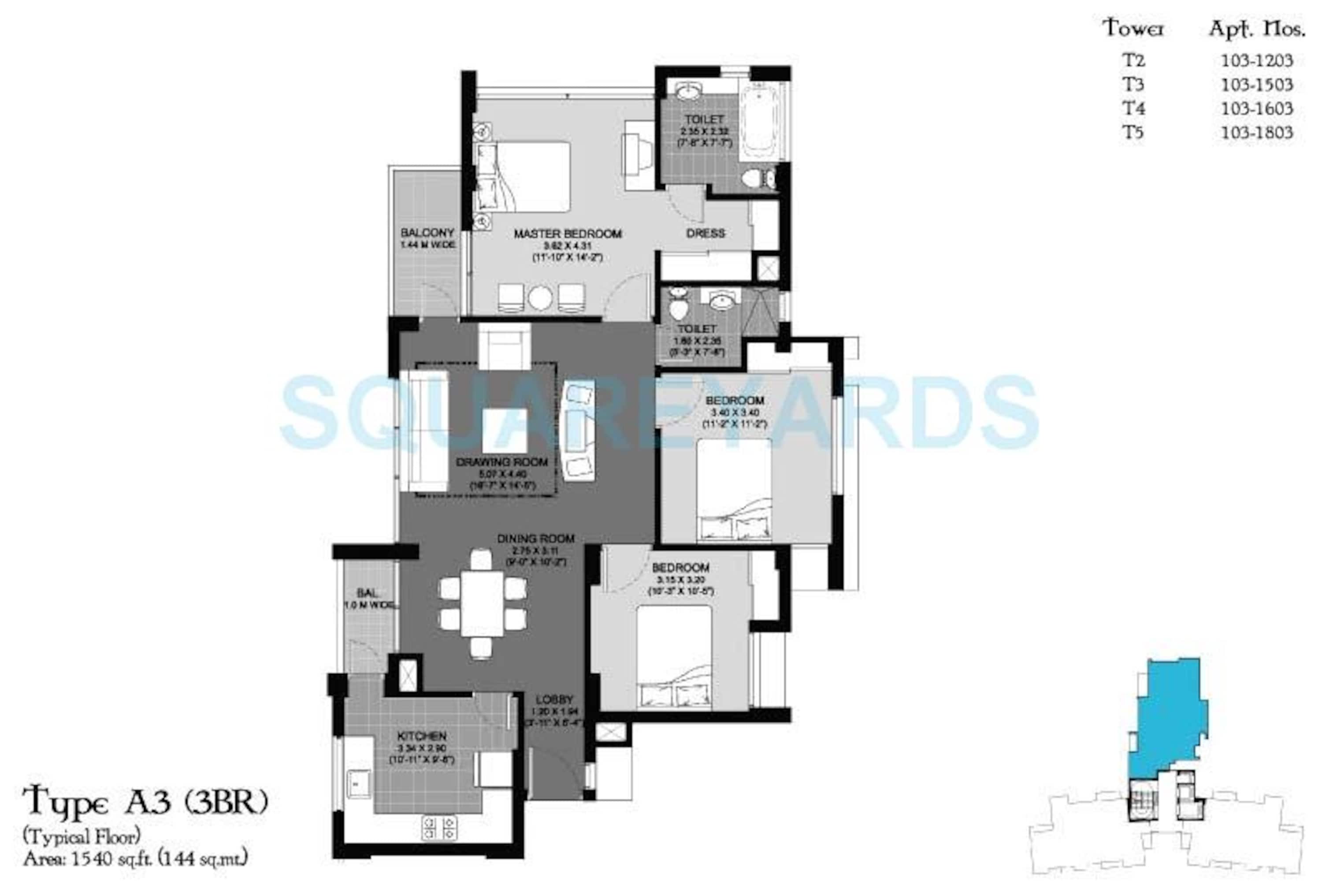 unitech cascades apartment 3bhk 1540sqft 1