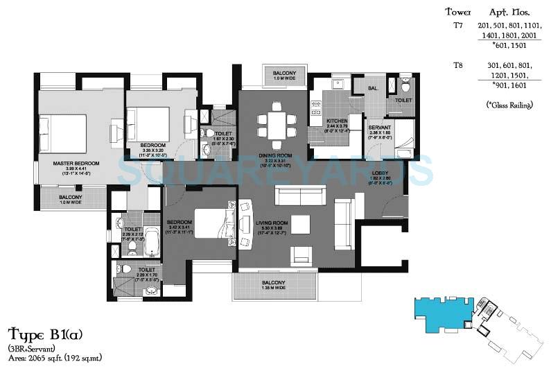 Floor plan of 3 BHK 2065 Sq. Ft. Apartment in Unitech Cascades, Greater Noida
