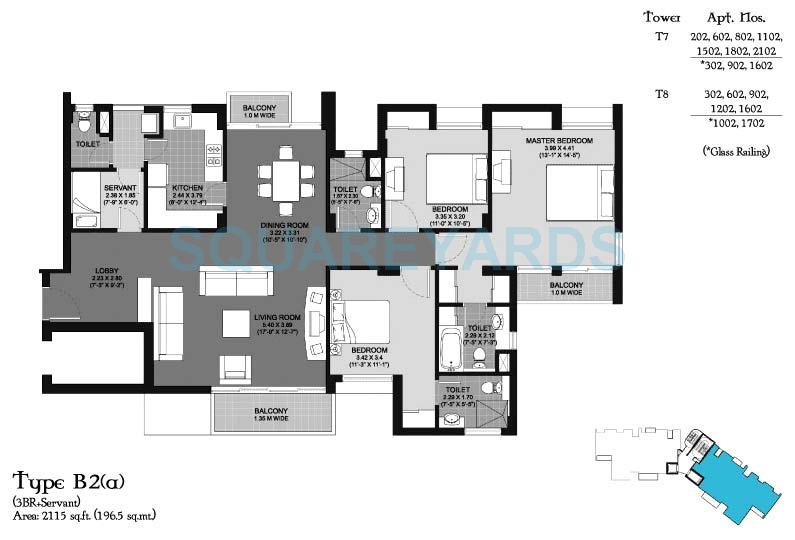 Floor plan of 3 BHK 2115 Sq. Ft. Apartment in Unitech Cascades, Greater Noida