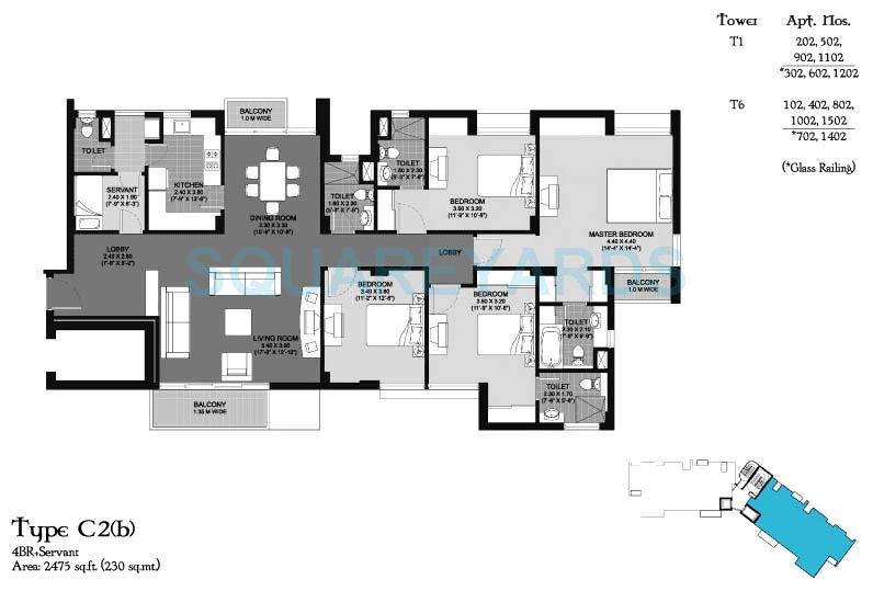 Floor plan of 4 BHK 2475 Sq. Ft. Apartment in Unitech Cascades, Greater Noida
