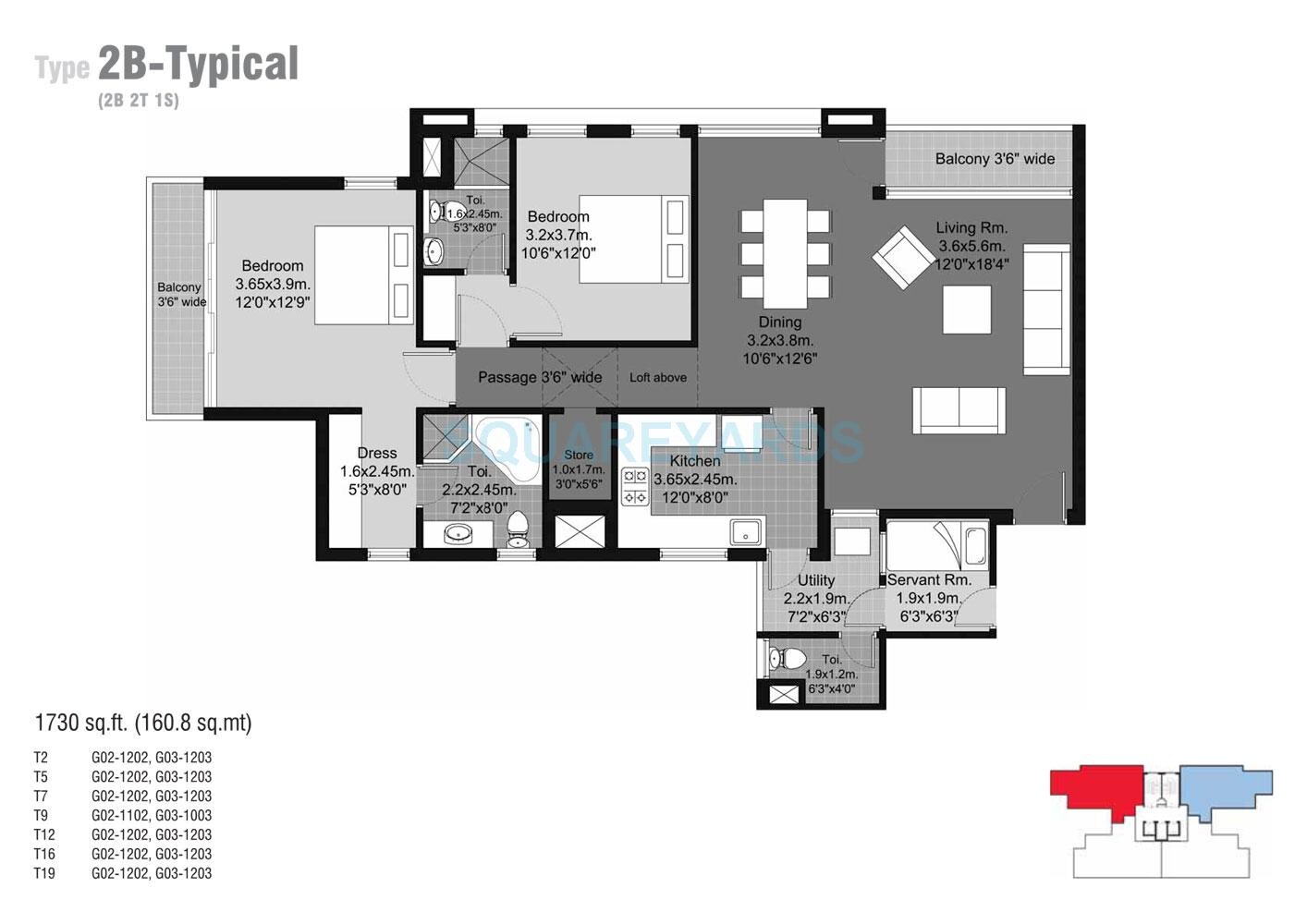 Floor plan of 2 BHK 1730 Sq. Ft. Apartment in Unitech Habitat, Greater Noida