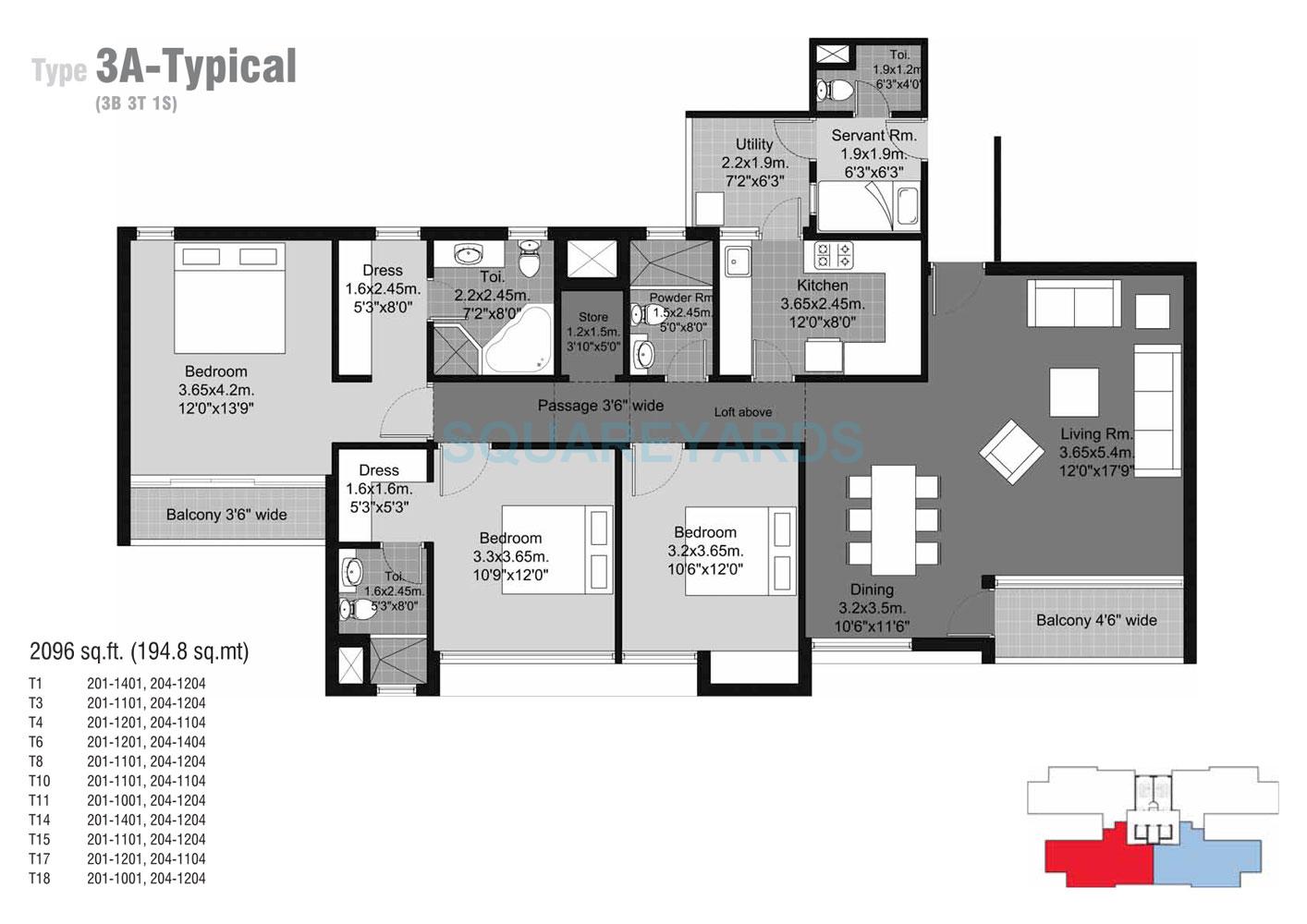 Floor plan of 3 BHK 2096 Sq. Ft. Apartment in Unitech Habitat, Greater Noida