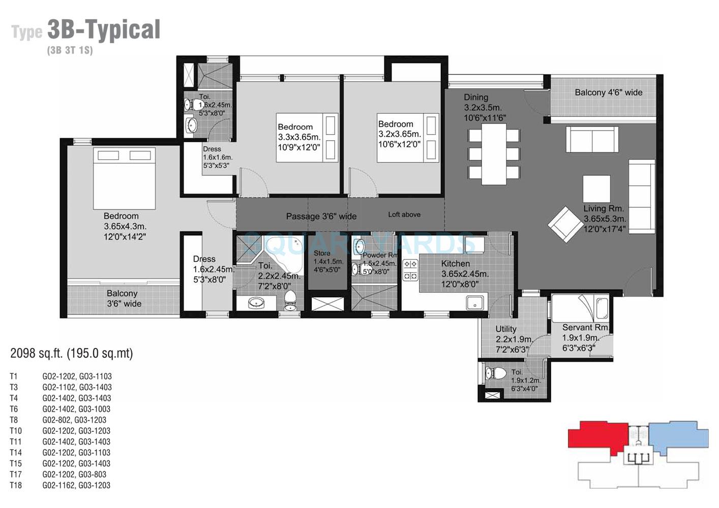 Floor plan of 3 BHK 2098 Sq. Ft. Apartment in Unitech Habitat, Greater Noida