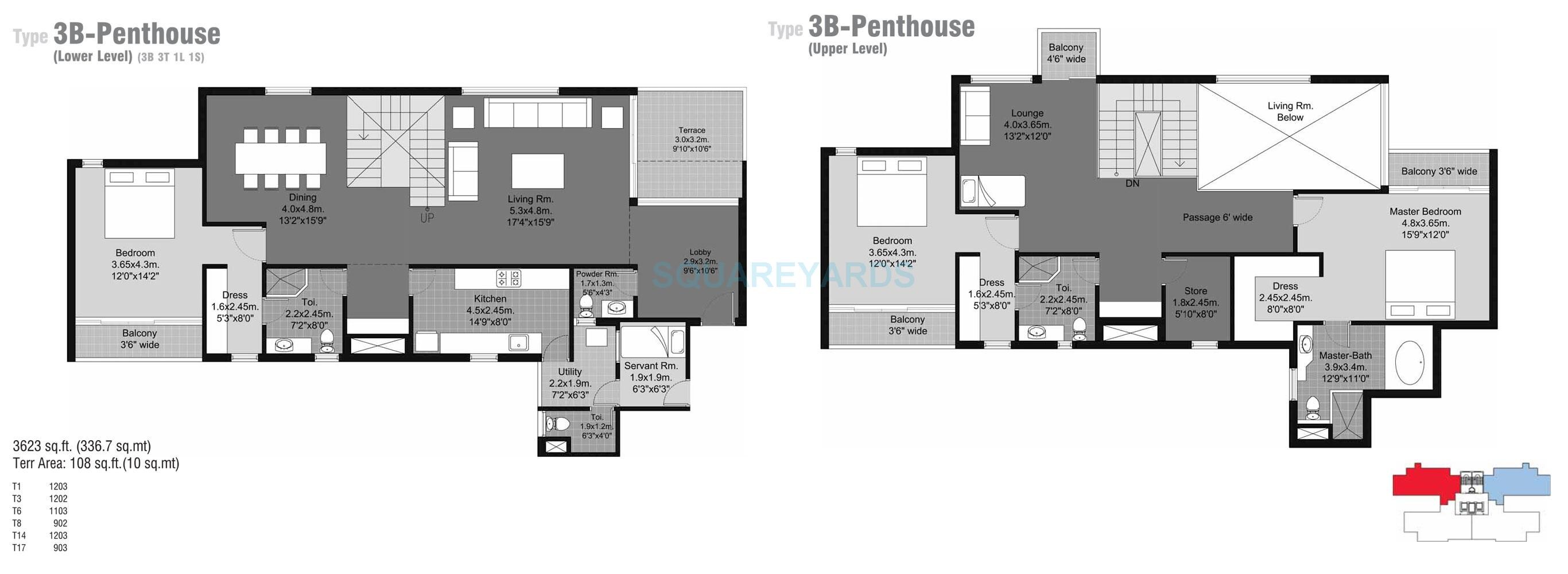 Floor plan of 3 BHK 3623 Sq. Ft. Penthouse in Unitech Habitat, Greater Noida