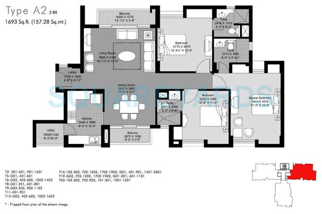 Floor plan of 3 BHK 1693 Sq. Ft. Apartment in Unitech Horizon, Greater Noida