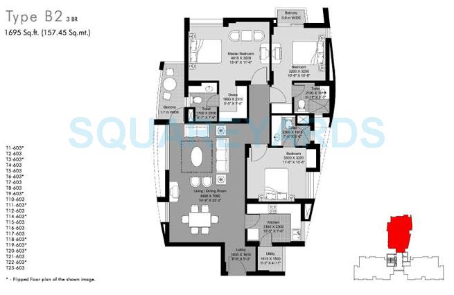 Floor plan of 3 BHK 1695 Sq. Ft. Apartment in Unitech Horizon, Greater Noida