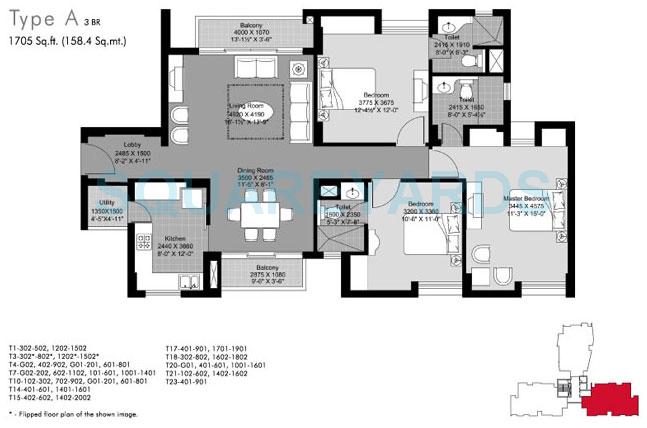 Floor plan of 3 BHK 1705 Sq. Ft. Apartment in Unitech Horizon, Greater Noida