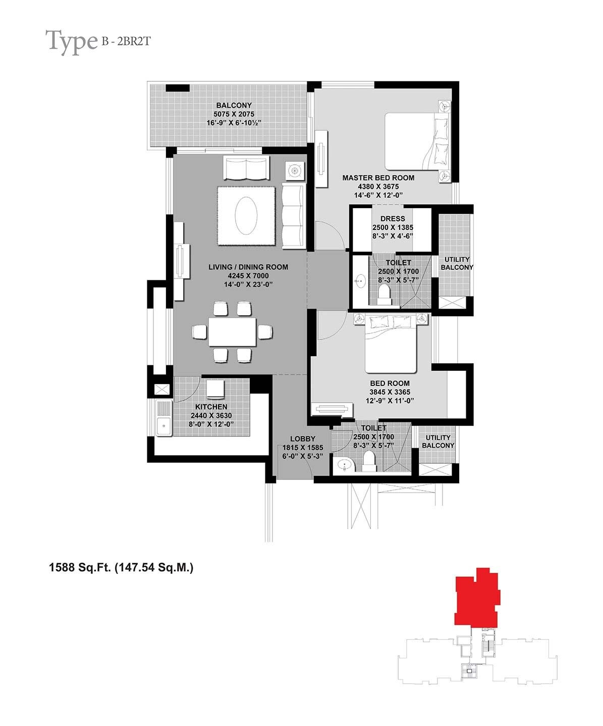 Floor plan of 2 BHK 1588 Sq. Ft. Apartment in Unitech Verve, Greater Noida