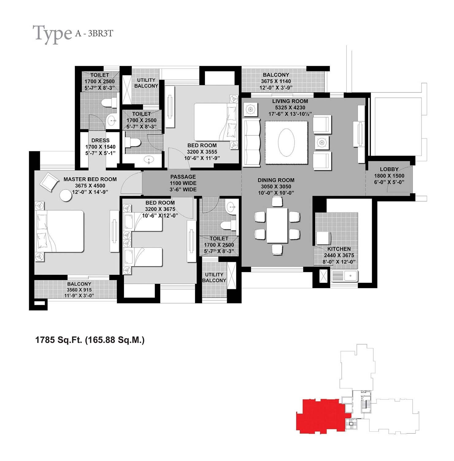 Floor plan of 3 BHK 1785 Sq. Ft. Apartment in Unitech Verve, Greater Noida
