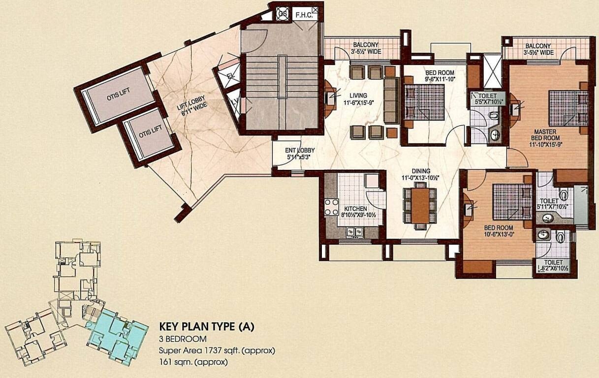 Floor plan of 3 BHK 1737 Sq. Ft. Apartment in Uppal Plumeria Garden Estate, Greater Noida
