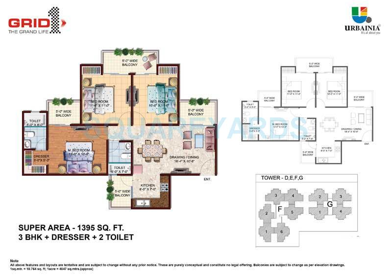Floor plan of 3 BHK 1395 Sq. Ft. Apartment in Urbainia Spaces Grid 1, Greater Noida